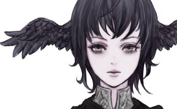 1girl bags_under_eyes black_hair black_wings closed_mouth commentary final_fantasy final_fantasy_xiv grey_eyes head_wings highres looking_at_viewer medium_hair meteion oyatsuredgray simple_background solo straight-on white_background wings