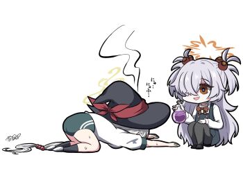 2girls absurdly_long_hair bare_arms bare_legs black_buruma black_dress black_pantyhose black_socks blue_archive breasts bright_pupils buruma buttons collapsed collared_shirt commentary_request deformed diagonal-striped_ribbon double-breasted dress eri_(blue_archive) exhausted flask flat_chest grey_hair gym_shirt gym_uniform hair_ornament hair_over_one_eye halo head_steam highres holding holding_flask kanoe_(blue_archive) kneeling long_bangs long_hair long_sleeves looking_at_another mary_janes messy_hair multiple_girls open_mouth orange_eyes orange_halo pantyhose parted_bangs pinafore_dress puffy_long_sleeves puffy_sleeves red_ribbon ribbon round-bottom_flask scar scar_on_neck shirt shoes short_sleeves short_twintails sidelocks signature sleeve_cuffs sleeveless sleeveless_dress sneakers socks sphere_hair_ornament sweat twintails very_long_hair white_background white_hair white_shirt yellow_halo yukimi_unagi