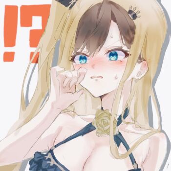 Rule 34 | !?, 1girl, anku (reverseblue), asymmetrical hair, black bra, black hair, blonde hair, blue eyes, blush, bra, breasts, cleavage, commentary request, embarrassed, long hair, multicolored hair, parted lips, reverseblue x re-birthend, solo, sweatdrop, swimsuit, two-tone hair, underwear, zika power