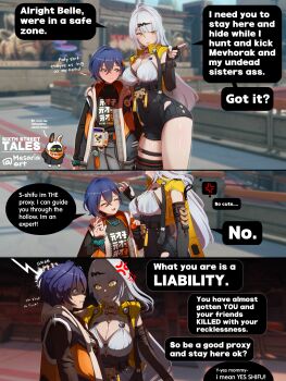 2girls 3d absurdres anger_vein bangboo_(zenless_zone_zero) belle_(zenless_zone_zero) black_gloves black_shirt black_unitard blue_hair blush breasts cleavage closed_eyes elbow_gloves english_text eous_(zenless_zone_zero) game_screenshot_background gloves grey_hair hair_ornament hand_on_another's_head height_difference high-waist_shorts highres jacket large_breasts letter_hair_ornament long_hair looking_at_breasts mesaria_art mole mole_on_breast multiple_girls nervous_sweating orange_gloves pointy_ears screenshot_background shirt short_hair shorts single_elbow_glove single_hair_intake single_thighhigh smile speech_bubble standing sweat thighhighs white_hair wide-eyed yellow_eyes yin_yang_pin yixuan_(zenless_zone_zero) zenless_zone_zero