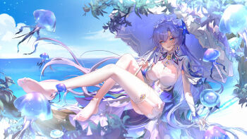 1girl anklet barefoot blue_eyes blue_flower blue_hair blue_sky breasts bridal_gauntlets cantarella_(wuthering_waves) chinese_commentary cleavage cloud commentary_request day dress earrings facial_tattoo feet flower full_body garter_straps gloves hair_ornament highres holding holding_umbrella jellyfish jewelry large_breasts legs liangji_uu long_hair looking_at_viewer mole mole_under_eye ocean outdoors pillar purple_hair sitting sky smile soles solo tattoo thighhighs toes umbrella very_long_hair water white_dress white_thighhighs wuthering_waves