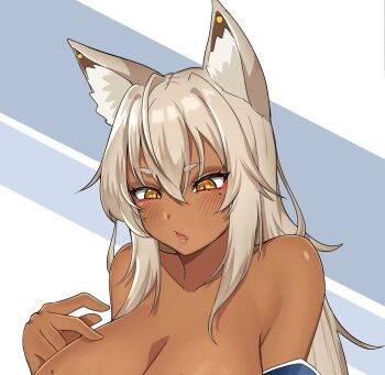 1girl animal_ear_fluff animal_ears bare_shoulders blonde_hair breasts choppy_bangs cleavage commentary commission dark-skinned_female dark_skin english_commentary eyeliner fang fox_ears fox_girl hair_between_eyes hand_on_own_chest highres large_breasts leiden_yaegore long_hair looking_at_viewer looking_down makeup mole mole_under_eye open_mouth original red_eyeliner slit_pupils solo upper_body white_background yellow_eyes