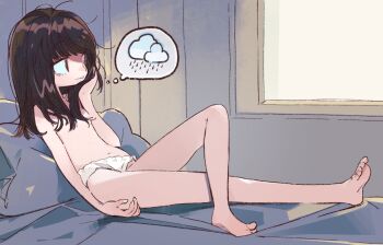 1girl amiami bags_under_eyes barefoot bed blunt_bangs breasts brown_hair cloud groin hand_on_own_ass hand_rest head_rest imagining looking_to_the_side lying medium_hair messy_hair naked_shirt no_pants on_back original panties pillow rain red_eyes shirt small_breasts solo speech_bubble thinking thought_bubble topless_female underwear white_panties window