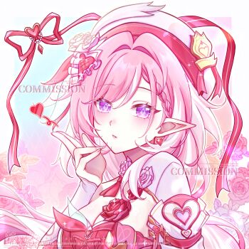 Rule 34 | 1girl, absurdres, artist request, beret, blowing kiss, breasts, chinese commentary, cleavage, commentary request, commission, diamond-shaped pupils, diamond (shape), dress, elf, elysia (hi love elf) (honkai impact), elysia (honkai impact), hat, heart, highres, honkai (series), honkai impact 3rd, large breasts, long hair, looking at viewer, multicolored hair, pink hair, pointy ears, purple eyes, red dress, second-party source, solo, symbol-shaped pupils, two-tone hair, upper body, variant set, very long hair, watermark, white hair