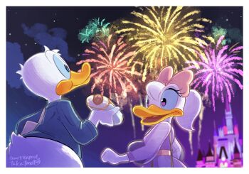 1boy 1girl blue_eyes bow castle daisy_duck disney disneyland donald_duck duck_boy duck_girl fireworks mickey_mouse_&amp;_friends night night_sky open_mouth ponytail purple_eyes shirt sky takatmaorange