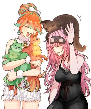 Rule 34 | babydoll, black nightgown, breasts, cat, chonkers (takanashi kiara), frills, green hair, hair bun, hashtag-only commentary, highres, hololive, hololive english, hyurisaki, large breasts, long hair, mask, mask on head, messy hair, mori calliope, mori calliope (sleepwear), multicolored hair, nightgown, official alternate costume, official alternate hairstyle, open mouth, orange hair, pink hair, simple background, sleep mask, smile, smoothie (takanashi kiara), streaked hair, takanashi kiara, takanashi kiara (cozy), tutu (mori calliope), two-tone hair, virtual youtuber, white babydoll, white background