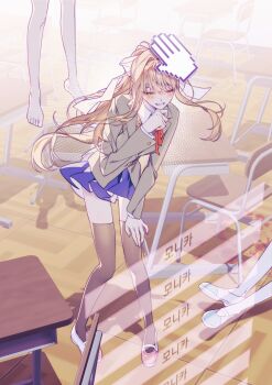 Rule 34 | 1girl, absurdres, barefoot, black skirt, black thighhighs, blood, blood on ground, blush, brown hair, cannot be empty, classroom, closed eyes, coat, collared shirt, desk, dialogue options, doki doki literature club, doki doki literature club school uniform, grey coat, grin, hair flowing over, hand cursor, hand on own chin, hand on own thigh, hanged, hanging, hanging from ceiling, haze, headpat, high ponytail, highres, implied murder, implied suicide, long hair, monika (doki doki literature club), neck ribbon, out of frame, outstretched legs, petting, pink shoes, ponytail, ribbon, school desk, school uniform, shirt, shoes, sitting, skirt, smile, solo, thighhighs, tile floor, tiles, very long hair, white shirt