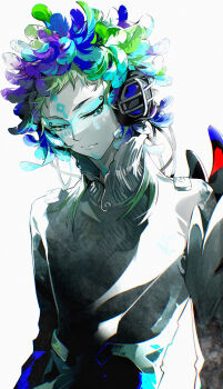 1other androgynous aqua_eyes blue_feathers closed_mouth coldiron eyelashes eyeshadow facepaint feather_hair_ornament feathers gnosia green_feathers green_hair hair_ornament half-closed_eyes head_tilt headphones highres limited_palette long_sleeves looking_at_viewer looking_down makeup other_focus raqio shirt simple_background smile solo upper_body white_background