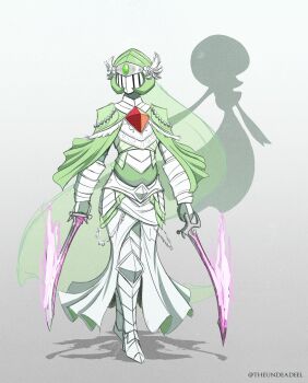 1girl absurdres ambiguous_gender arm_armor armor armored_boots armored_dress armored_gloves bob_cut boots breastplate capelet chest_guard chest_jewel cosplay covered_face dress drop_shadow dual_wielding energy_sword facing_to_the_side faulds feathers forehead_protector gardevoir gardevoir_(cosplay) gem gen_3_pokemon gorget greaves green_armor green_capelet green_hair green_helmet green_veil grey_background helmet highres holding holding_sword holding_weapon humanization knight leg_armor looking_to_the_side magic nintendo official_art_inset personification pokemon pokemon_(creature) poleyn red_gemstone sabaton sword theundeadeel twitter_username two-tone_armor two-tone_dress veil visor_(armor) weapon white_armor white_boots white_dress white_feathers white_helmet winged_helmet