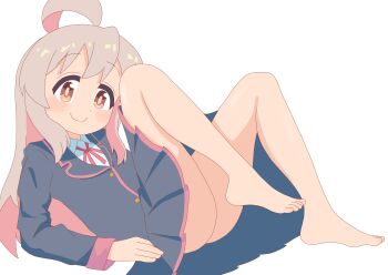 1girl absurdres ahoge artist_request ass bare_legs barefoot blush brown_eyes closed_mouth female_focus genderswap genderswap_(mtf) highres loli long_hair looking_at_viewer no_panties onii-chan_wa_oshimai! oyama_mahiro pink_hair school_uniform smile solo white_background