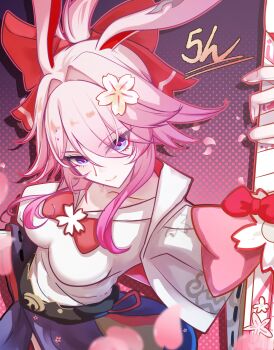 1girl absurdres ahoge animal_ears bow breasts cherry_blossoms commentary_request evanescia_(honkai:_star_rail) flower hair_flower hair_ornament highres honkai:_star_rail honkai_(series) jacket japanese_clothes light_smile memeiradesuyo petals pink_hair purple_eyes red_bow skirt sword weapon