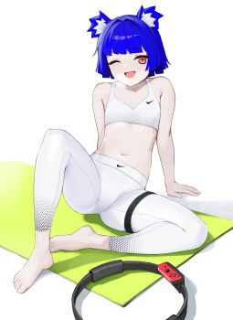 1girl absurdres animal_ear_fluff animal_ears bare_shoulders barefoot bear_ears blue_hair bob_cut commentary exercising go!_go!_gris! gris_(go!_go!_gris!) hair_intakes highres joy-con leggings looking_at_viewer midriff navel one_eye_closed open_mouth original pants red_eyes ring-con ring_fit_adventure simple_background sitting smile solo sports_bra sportswear sweat thigh_strap tight_clothes tight_pants vertigris white_background white_pants white_sports_bra yoga_pants
