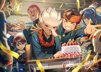 6+boys aqua_hair birthday birthday_cake blue_jacket brown_eyes brown_hair cake closed_eyes confetti dated dolustoy dreadlocks endou_mamoru flower flower_necklace food fruit gakuran goggles gouenji_shuuya happy_birthday headband highres ichinose_kazuya inazuma_eleven inazuma_eleven_(series) jacket jewelry kazemaru_ichirouta kidou_yuuto light_blush long_hair male_focus multiple_boys necklace number_candle orange_headband pink_hair ponytail raimon raimon_school_uniform red_flower school_uniform short_hair sitting smile someoka_ryuugo spiked_hair standing strawberry white_hair yellow_eyes