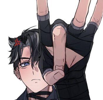 1boy anger_vein black_hair blue_eyes closed_mouth ear_piercing earrings fingerless_gloves genshin_impact gloves go9m_925 grey_hair hashtag-only_commentary highres incoming_forehead_flick jewelry looking_at_viewer male_focus multicolored_hair piercing simple_background solo two-tone_hair white_background wriothesley_(genshin_impact)