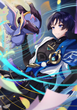 1boy absurdres anemo_symbol_(genshin_impact) animal arm_at_side armor belt black_belt black_bodysuit black_bow black_bridal_gauntlets black_shorts blue_cape blue_gemstone blue_kimono blue_sleeves blunt_ends blurry bodysuit bow bridal_gauntlets bright_pupils cape clothing_cutout confetti crying crying_with_eyes_open depth_of_field disintegration dragon eyelashes eyeliner eyeshadow falling_petals feathers gem genshin_impact gold hakama hakama_shorts hand_up highres hip_vent holding holding_animal japanese_armor japanese_clothes juban kimono kote kurokote layered_sleeves looking_at_animal makeup male_focus mandarin_collar mini_durin_(dragon)_(genshin_impact) mini_durin_(genshin_impact) multicolored_hair open_clothes open_kimono petals pleated_shorts pom_pom_(clothes) purple_eyes purple_hair purple_rope red_eyeliner red_eyeshadow renkon_25251020 rope scaramouche_(genshin_impact) short_sleeves shorts shoulder_peek small_dragon streaked_hair tassel tears tsurime wanderer_(genshin_impact) white_hair white_kimono white_pupils white_sleeves white_trim wind wispy_bangs yellow_feathers yellow_petals