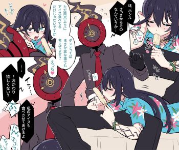 2boys black_gloves black_pants black_shirt blue_shirt clock collared_shirt commentary_request dante_(limbus_company) fellatio fire floral_print gloves hawaiian_shirt heart highres hong_lu_(project_moon) limbus_company multiple_boys necktie object_head oral pants project_moon red_necktie sexually_suggestive shiki_(shikki46) shirt short_sleeves simulated_fellatio tingtang_gang_(identity)_(project_moon) translation_request yaoi