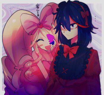 2girls bib_collar black_dress black_hair blonde_hair blush bow breasts cleavage dress hair_bow hand_on_own_cheek hand_on_own_face harime_nui kill_la_kill ktg10kn lolita_fashion long_hair matoi_ryuuko multiple_girls one_eye_closed outside_border pink_bow pink_dress pink_wrist_cuffs red_bow shaded_face short_hair wavy_background wrist_cuffs
