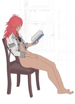 1girl absurdres black_necktie book bookshelf bottomless breasts chair commentary english_commentary female_masturbation fingering fire_emblem fire_emblem:_three_houses from_side full_body garreg_mach_monastery_uniform hand_on_own_thigh hapi_(fire_emblem) highres holding holding_book indoors jacket long_sleeves masturbation naked_jacket navel necktie nintendo on_chair open_book pomelomelon puffy_sleeves reading red_hair sideboob sitting small_breasts solo unfinished vaginal white_jacket