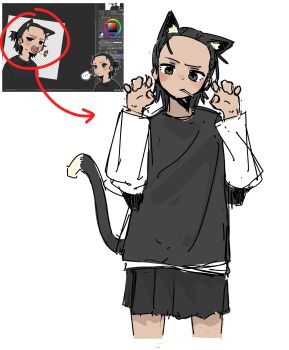 ... 1boy absurdres animal_ears arrow_(symbol) artist_self-insert black_hair black_shirt black_skirt candy cat_boy cat_ears cat_tail claw_pose food highres layered_sleeves lollipop long_sleeves machuuu68 original pleated_skirt shirt short_over_long_sleeves short_sleeves simple_background skirt tail white_background