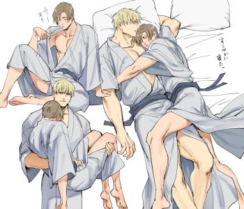 2boys bara barefoot bed blonde_hair blue_kimono blush brown_hair carrying closed_eyes closed_mouth couple hug jack_krauser japanese_clothes kimono large_pectorals leon_s._kennedy looking_at_another lying male_focus messy_hair multiple_boys muscular muscular_male on_back on_bed open_clothes open_kimono pectorals pillow princess_carry resident_evil resident_evil:_the_darkside_chronicles resident_evil_4 sash short_hair simple_background size_difference sleeping sleeping_on_person smile tatsumi_(psmhbpiuczn) translation_request yaoi