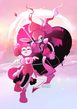 2girls artist_name clenched_hand closed_eyes colored_skin commentary demon_tail dual_persona english_commentary eyelashes full_body gem gem_(steven_universe) gloves halo heart heart-shaped_gem highres holding holding_halo holding_scythe long_hair multiple_girls pink_eyes pink_gem pink_gloves pink_hair pink_shoes pink_shorts pink_skin pink_theme puffy_short_sleeves puffy_sleeves rurushichi scythe shirt shoes short_sleeves shorts smile spinel_(steven_universe) standing standing_on_one_leg steven_universe steven_universe:_the_movie tail tongue tongue_out twintails wings