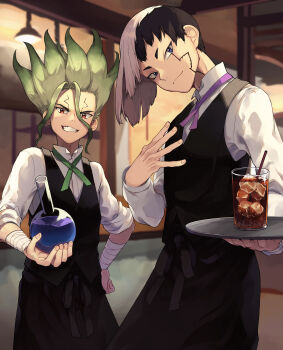 2boys absurdres apron asagiri_gen bandaged_arm bandages bartender black_apron black_hair black_vest blue_eyes ceiling_light closed_mouth cracked_skin cup dr._stone drink drinking_glass drinking_straw facial_mark glass green_hair green_ribbon grin hair_between_eyes hand_on_own_hip highres holding holding_tray ice ice_cube ichihara_yuuto indoors ishigami_senkuu liquid long_sleeves looking_at_viewer male_focus multicolored_hair multiple_boys neck_ribbon purple_eyes red_eyes ribbon shirt sleeves_rolled_up smile spiked_hair split-color_hair tray two-tone_hair vest waiter white_hair white_shirt