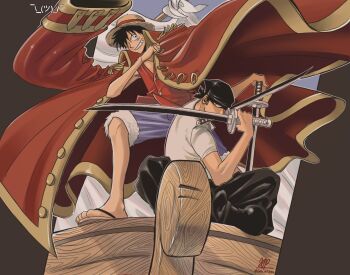 Rule 34 | 2boys, bandana, black bandana, black hair, black pants, blue shorts, boat, coat, coat on shoulders, commentary, fighting stance, full body, fur-trimmed shorts, fur trim, grin, hat, holding, holding sword, holding weapon, katana, looking at viewer, male focus, monkey d. luffy, multiple boys, on boat, one piece, only op2024, pants, red coat, red vest, roronoa zoro, sandals, shaded face, shirt, short hair, short sleeves, shorts, signature, smile, straw hat, sword, symbol-only commentary, vest, watercraft, weapon, white shirt