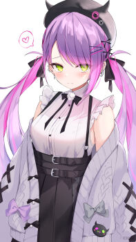 Rule 34 | 1girl, blush, green eyes, hat, highres, hololive, long hair, long sleeves, looking at viewer, lows., multicolored hair, ribbon, simple background, skirt, solo, sweater, tokoyami towa, twintails, virtual youtuber