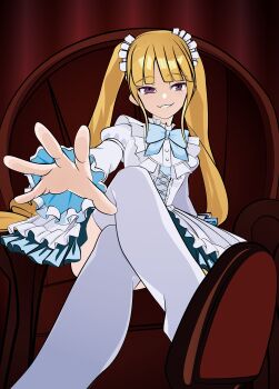 1girl absurdres commentary_request crossed_legs digimon digimon_story:_time_stranger dress highres long_hair looking_at_viewer pantyhose parted_lips purple_eyes sitting smile solo tai_(cheungsk1213) twintails white_dress white_pantyhose wide_sleeves yggdrasill_(digimon)