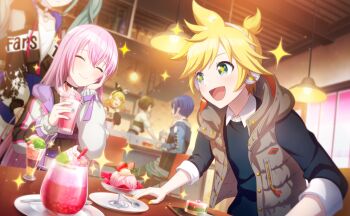 +_+ 2boys 4girls :d ^_^ aqua_eyes aqua_hair black_choker black_sweater blonde_hair blue_hair blue_nails blush bow_hairband brown_hair chair choker closed_eyes closed_mouth collared_sweater colorful_palette cream dango drink fingernails food fruit game_cg grey_vest hairband hatsune_miku highres holding holding_drink ice_cream jacket kagamine_len kagamine_rin kaito_(vocaloid) lamp long_hair megurine_luka meiko_(vocaloid) multiple_boys multiple_girls nail_polish official_art open_mouth pink_hair project_sekai sanshoku_dango saucer sekai_no_sakura_tsunagaru_omoi_(project_sekai) shirt sitting smile sparkle spiked_hair spoon strawberry sweater third-party_source tongue twintails vest vivid_bad_squad_kaito vivid_bad_squad_len vivid_bad_squad_luka vivid_bad_squad_meiko vivid_bad_squad_miku vivid_bad_squad_rin vocaloid wagashi white_jacket white_shirt