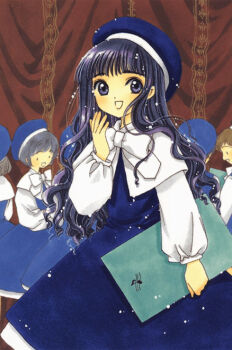 1990s_(style) 1girl 6+girls blouse blue_eyes blue_hair blunt_bangs cardcaptor_sakura child clamp daidouji_tomoyo dress hat long_hair multiple_girls retro_artstyle shirt solo_focus white_shirt