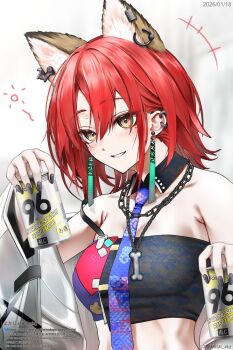 Rule 34 | +++, 1girl, animal ear piercing, animal ears, arknights, bandeau, black bandeau, black collar, black nails, blue necktie, blush, bone necklace, collar, commentary request, detached collar, dog ears, earrings, extra ears, jacket, jewelry, kichisei (arknights), looking at viewer, mole, mole under eye, multiple earrings, necktie, off shoulder, red hair, short hair, smile, solo, squeans, strong zero, tassel, tassel earrings, twitter username, watermark, white jacket, yellow eyes, yokaze (yokajie)