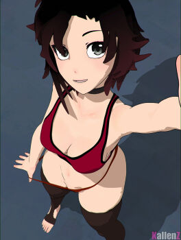 1girl 3d artist_name black_hair breasts choker cleavage from_above grey_eyes highres kallenz large_breasts looking_at_viewer multicolored_hair red_hair ruby_rose rwby selfie short_hair smile solo sports_bra teasing thighhighs thighs toeless_legwear