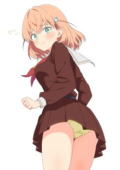 1girl absurdres aqua_eyes breasts closed_mouth dress from_behind goa1126 green_panties hair_ornament hasu_no_sora_school_uniform highres hinoshita_kaho long_sleeves looking_at_viewer looking_back love_live! medium_breasts medium_hair neckerchief orange_hair panties pantyshot pleated_dress rabbit_hair_ornament red_neckerchief sailor_collar sailor_dress school_uniform solo standing underwear white_sailor_collar
