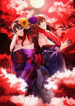 2girls absurdres aozaki_aoko bare_shoulders blue_eyes breasts brown_hair cleavage commentary flower gradient_hair hairband highres japanese_clothes kimono large_breasts long_hair long_sleeves looking_at_viewer mahou_tsukai_no_yoru medium_breasts multicolored_hair multiple_girls off_shoulder one_eye_closed ponytail purple_kimono red_hair sebakanken sidelocks smile tohno_akiha tsukihime wide_sleeves