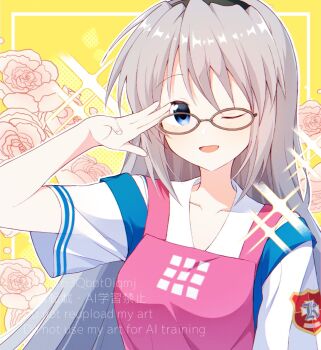 Rule 34 | 1girl, ;d, apron, bespectacled, black hairband, blue eyes, blush, brown-framed eyewear, clannad, commentary request, floral background, flower, glasses, grey hair, hair between eyes, hairband, hand up, happy, highres, hikarizaka private high school uniform, long hair, looking at viewer, one eye closed, open mouth, pink apron, pink flower, pink rose, rose, sakagami tomoyo, salute, school uniform, shirt, short sleeves, simple background, smile, solo, sparkle, straight hair, summer uniform, upper body, watermark, white shirt, xdjf63qbpt0iqmj, yellow background