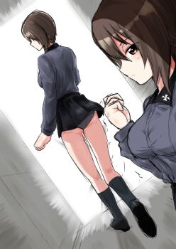 Rule 34 | 1girl, back, black collar, black shoes, black skirt, breasts, brown eyes, brown hair, clenched hands, clip studio paint (medium), collar, cross, eyes visible through hair, from behind, from side, full body, girls und panzer, grey panties, grey shirt, grey socks, hair between eyes, highres, iron cross, ken hayasaka, kneehighs, kuromorimine school uniform, large breasts, long sleeves, looking at viewer, nishizumi maho, panties, pleated skirt, school uniform, shirt, shoes, short hair, skirt, socks, solo, underwear, wing collar