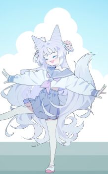 1girl agnamore ahoge black_sailor_collar black_skirt choppy_bangs closed_eyes cone_hair_bun crop_top cropped_shirt double_bun fang foot_out_of_frame full_body grey_hair hair_bun hair_ornament hashtag-only_commentary highres leg_up long_hair long_sleeves miniskirt neckerchief off_shoulder open_mouth outstretched_arms pale_color pleated_skirt pom_pom_(clothes) pom_pom_hair_ornament purple_neckerchief sailor_collar school_uniform serafuku shirt shoes skirt smile solo spread_arms standing standing_on_one_leg stellive straight-on tail tenko_shibuki uwabaki very_long_hair virtual_youtuber white_shirt