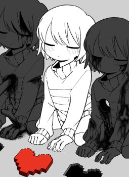 1other absurdres blood blush_stickers bone closed_eyes collared_sweater frisk_(undertale) grey_background heart highres hole_on_body impaled injury partially_colored short_hair shorts simple_background sitting solo striped_clothes striped_sweater sweater tadeno undertale utdr_(toby_fox) wariza