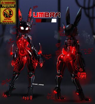 absurdres animal_ears animal_feet animal_hands claws color_guide commentary english_commentary english_text glowing glowing_claws glowing_eyes glowing_skin highres joints lewdrover mechanical_arms mechanical_spine metal_skin oversized_forearms oversized_limbs pawpads petite rabbit_ears rabbit_tail radio_antenna reference_sheet robot robot_ears robot_joints see-through_body sign steaming_body tail