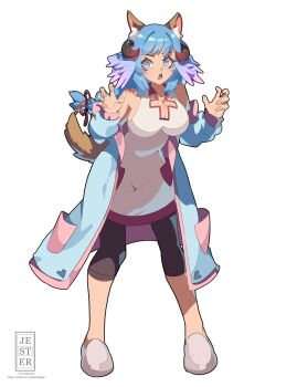 1girl animal_ears bare_shoulders blue_eyes blue_hair braid breasts cleavage coat full_body highres horns jesternalagon large_breasts looking_at_viewer open_mouth original pants slippers smile solo standing tail white_background