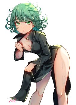 1girl :o armpit_crease baileys_(tranquillity650) bent_over black_dress breasts cleavage collarbone collared_dress curly_hair dress green_eyes green_hair highres looking_at_viewer one-punch_man parted_lips pelvic_curtain short_hair simple_background small_breasts solo sweat tatsumaki thighs white_background