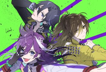 Rule 34 | 1other, 2boys, :d, alternate costume, artist name, back-to-back, banzoin hakka, bead bracelet, beads, black choker, black hair, black jacket, black skin, blue eyes, bracelet, brown hair, chain, chain bracelet, chin piercing, choker, closed mouth, colored extremities, colored skin, cracking knuckles, curtained hair, ear chain, earrings, epaulettes, face piercing, fang, feather earrings, feather hair ornament, feathers, green background, hair between eyes, hair ornament, half updo, hand on own ear, hand over eye, highres, holostars, holostars english, indie utaite, ireisu, jacket, jewelry, lapels, letterman jacket, linked piercing, long hair, long hair between eyes, long sleeves, looking at viewer, looking back, luka ooooo, medium hair, multicolored hair, multiple boys, multiple rings, nail polish, open clothes, open jacket, open mouth, pendant choker, piercing, pink lips, portrait, purple hair, purple nails, ring, single hair intake, sleeve cuffs, smile, spiked jacket, streaked hair, striped background, unnamed (utaite), utaite, v-shaped eyebrows, virtual youtuber, white hair, white jacket, yellow eyes, yellow jacket, yusuke (ireisu)