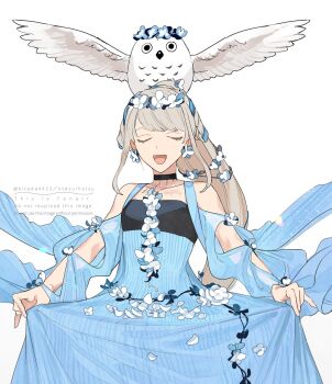 1girl bare_shoulders bird blue_dress braid choker closed_eyes clothes_lift dress dress_lift fate/grand_order fate_(series) flower hair_flower hair_ornament highres johanna_(fate) johanna_(celebratory_attire)_(fate) kitada long_hair o-ring o-ring_choker off_shoulder open_mouth owl ponytail simple_background smile solo spread_wings white_background