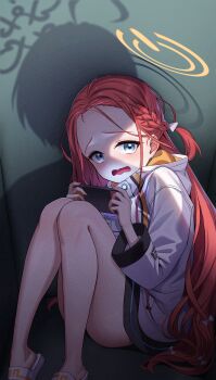 1girl absurdres blue_archive blue_eyes braid flip-flops forehead halo handheld_game_console highres holding holding_handheld_game_console hood hood_down hooded_jacket jacket long_hair long_sleeves one_side_up open_mouth red_hair sandals scared shadow sion_(9117) sitting solo very_long_hair wavy_mouth yellow_halo yuzu_(blue_archive)