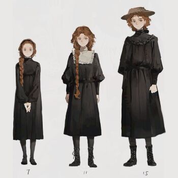 Rule 34 | 1girl, age comparison, black boots, black dress, black shoes, black thighhighs, black tiara, blue eyes, boater hat, boots, braid, braided ponytail, closed mouth, dress, full body, gynger edventray (hiiragimare), hiiragimare, hogwarts legacy, long dress, long hair, long sleeves, looking at viewer, mary janes, original, parted bangs, puffy long sleeves, puffy sleeves, red hair, shoes, simple background, standing, thighhighs, tiara, white background, wizarding world