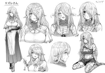 Rule 34 | 1girl, bandaged arm, bandaged leg, bandages, boroboro no elf-san wo shiawase ni suru kusuri uri-san, breasts, cleavage, closed eyes, commentary request, cropped torso, ear wiggle, elf, full body, gauze, gauze on cheek, greyscale, hair over one eye, holding, large breasts, long hair, monochrome, multiple views, open mouth, parted lips, pelvic curtain, pointy ears, prosthesis, prosthetic arm, reference sheet, reszurre, shingio82, simple background, sitting, skirt, smile, standing, torn clothes, translation request, wariza, white background