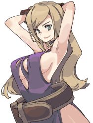 Rule 34 | 1girl, armpits, arms behind head, blonde hair, breasts, cleavage, dress, fatal fury, garou: mark of the wolves, green eyes, highres, jenet behrn, large breasts, legs, long hair, looking at viewer, sideboob, smile, snk, the king of fighters, the king of fighters xv, thighs