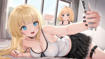 2girls :d :o ahoge black_choker black_nails black_skirt blonde_hair blue_eyes blunt_bangs breasts cellphone choker cleavage commentary comodox curtains english_commentary frilled_skirt frills highres holding holding_phone lamy_(comodox) large_breasts light_blush long_hair lying miu_(comodox) multiple_girls nail_art on_side open_mouth original phone pleated_skirt skirt smile textless_version thigh_strap