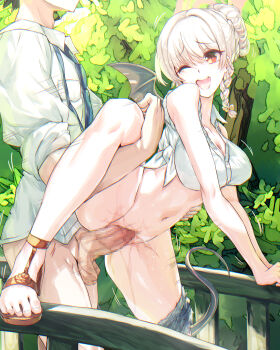 1boy 1girl absurdres blue_archive blue_necktie braid braided_bun breasts censored commentary_request demon_tail demon_wings erection hair_bun haruna_(blue_archive) hetero highres large_breasts medium_hair mosaic_censoring navel necktie one_eye_closed open_mouth outdoors penis red_hair sandals sensei_(blue_archive) sex shirt standing standing_sex stomach sunnysideup tail tail_wrap tied_shirt vaginal white_hair white_shirt wings